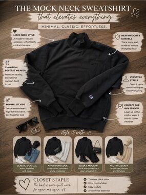 REVERSE WEAVE Champion Black Turtleneck Sweatshirt with Sleeve Logo